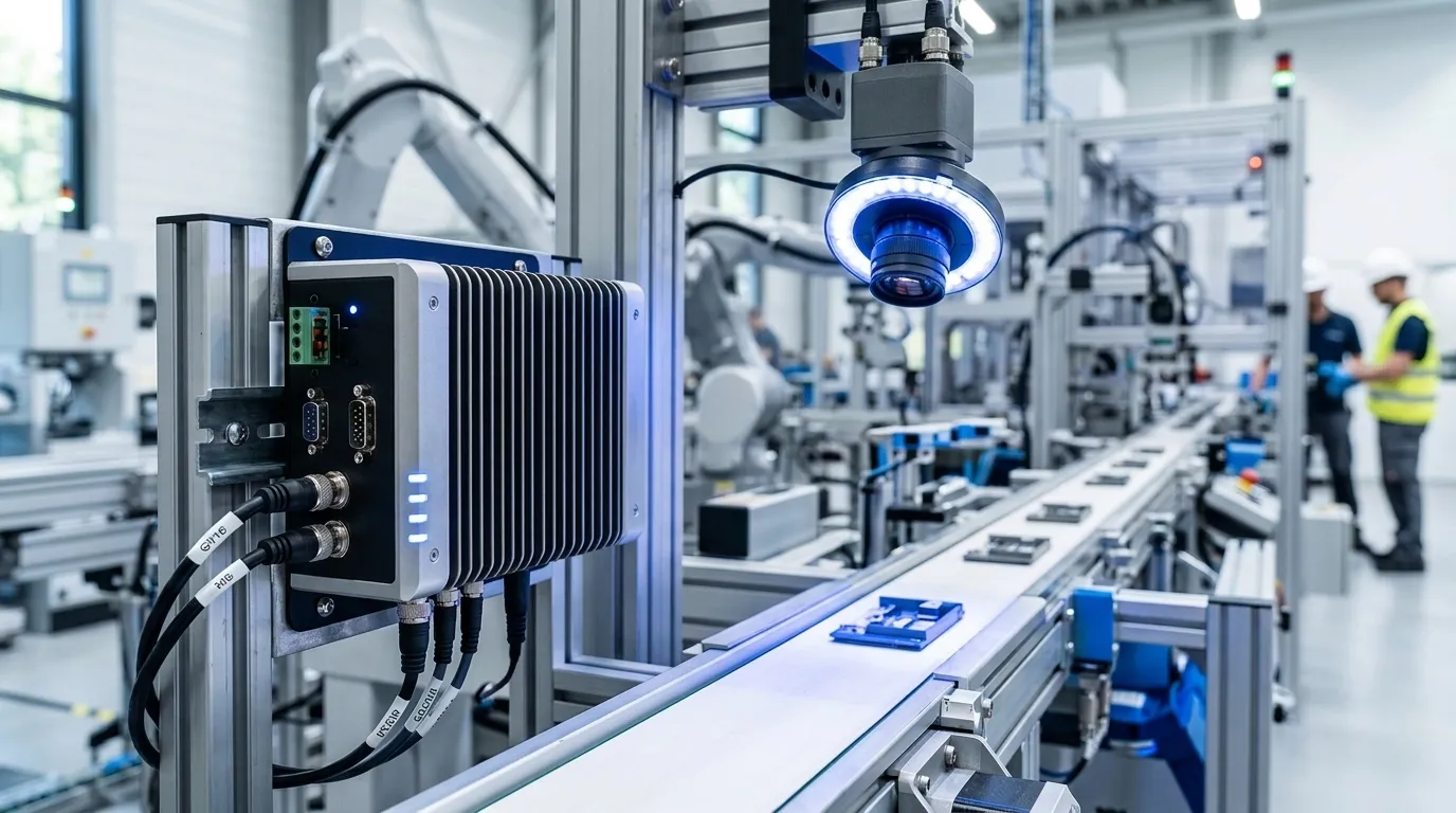 Fanless industrial edge AI computer processing machine-vision data on a smart factory production line